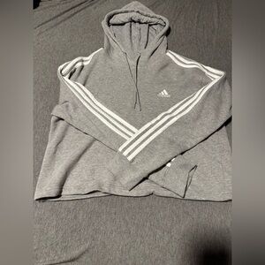 Adidas Cropped Heather Gray Hoodie with White Accents